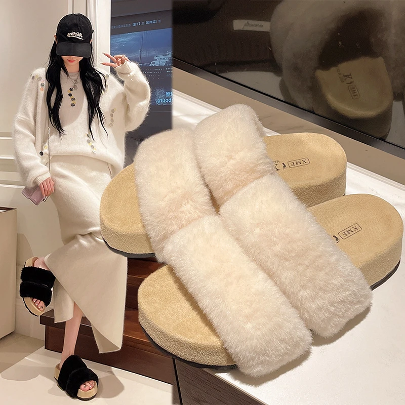 2025秋季新款韩版外穿厚底毛毛拖鞋双带加绒保暖时尚一字棉拖鞋女