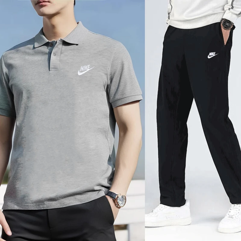 Nike耐克运动套装男新款户外时尚休闲POLO衫半袖灰色T恤直筒长裤