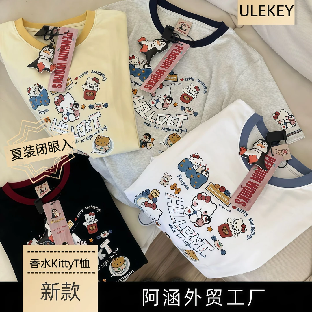 LIHUI【夏款-香水Kitty拼色刺绣T恤】ulekey企鹅工厂t恤 出游必备