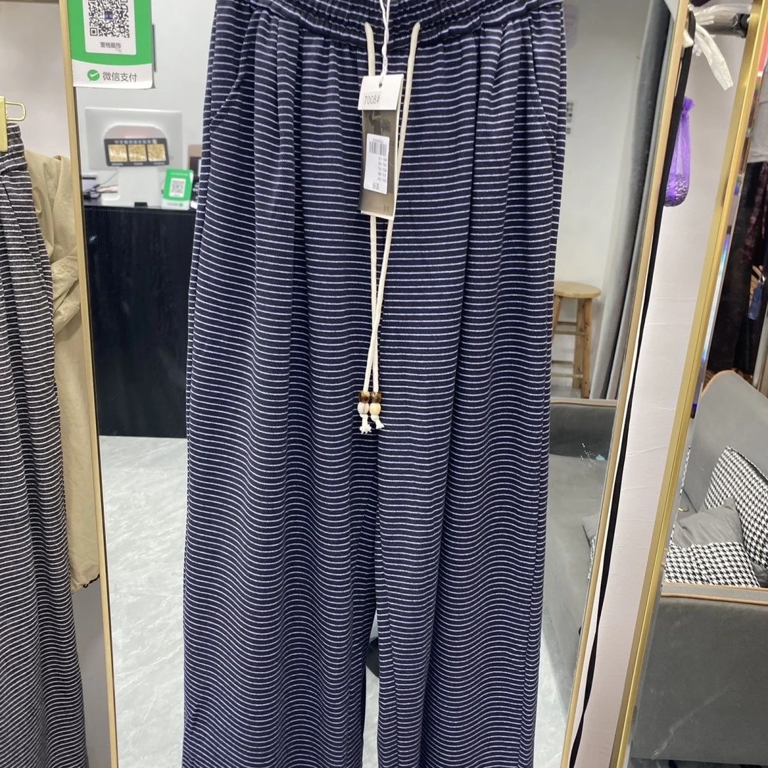 复古慵懒风条纹阔腿裤春秋季高腰显瘦软糯垂感通勤长裤