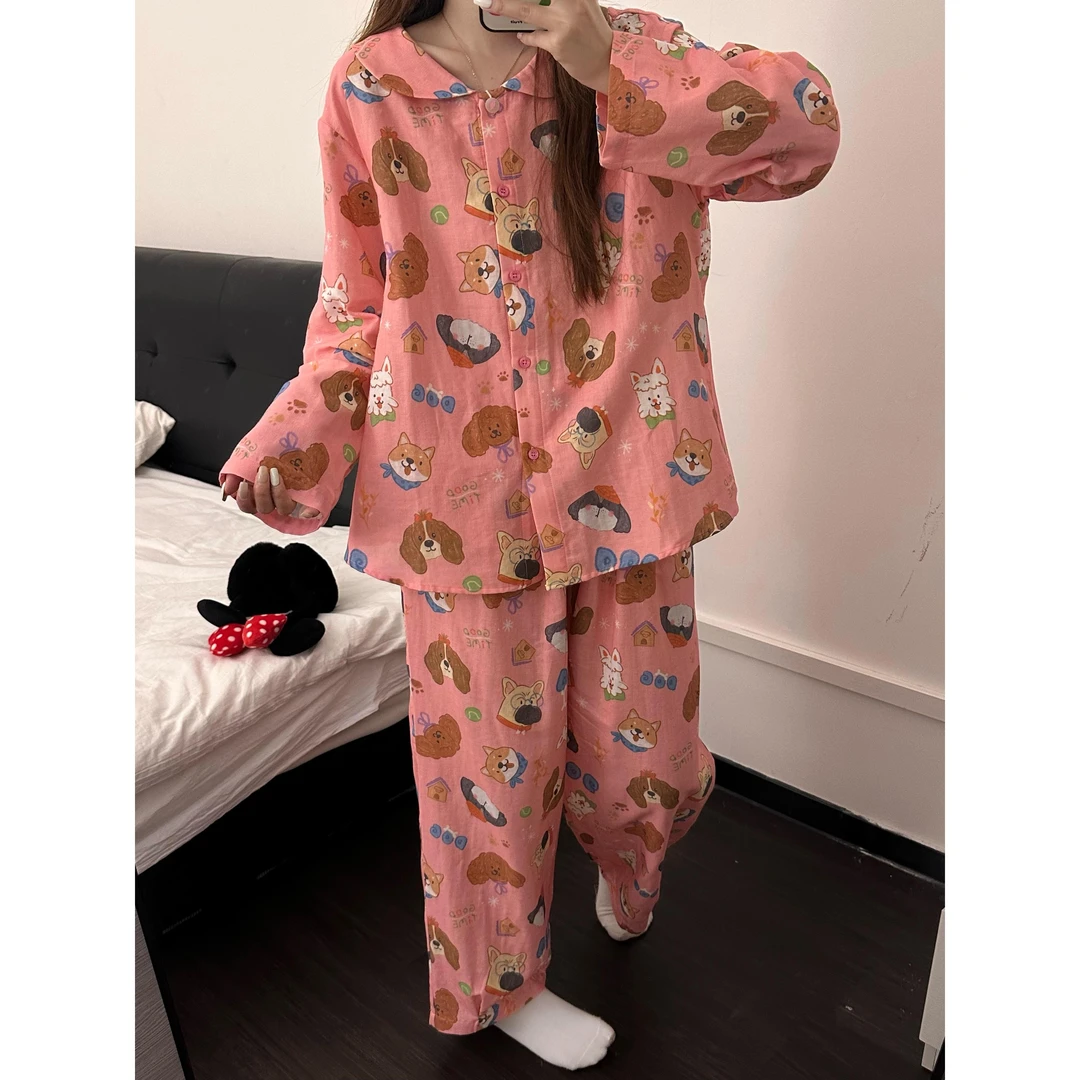 可爱娃娃领卡通印花睡衣女秋季2025新款长袖长裤家居服套装可外穿