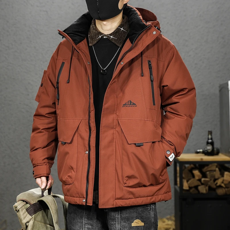 秋冬90%鸭绒美式羽绒服男士宽松大码保暖上衣冬季工装连帽外套男