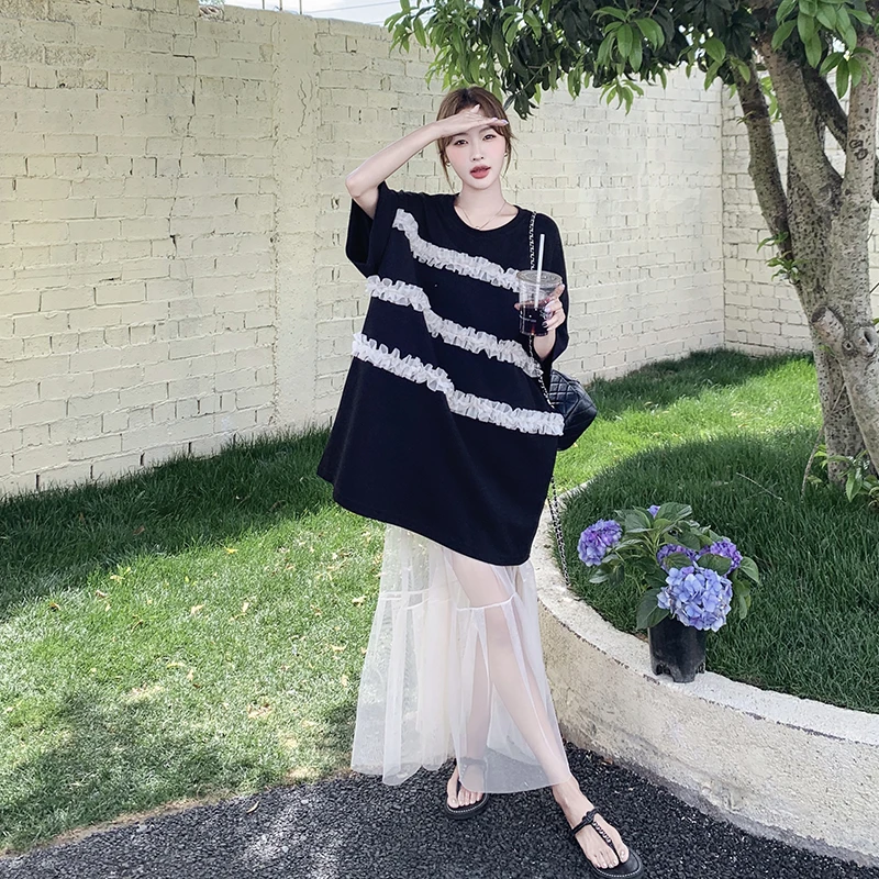 DUCURNO时尚休闲气质套装女夏季蕾丝拼接黑色短袖连衣裙两件套潮