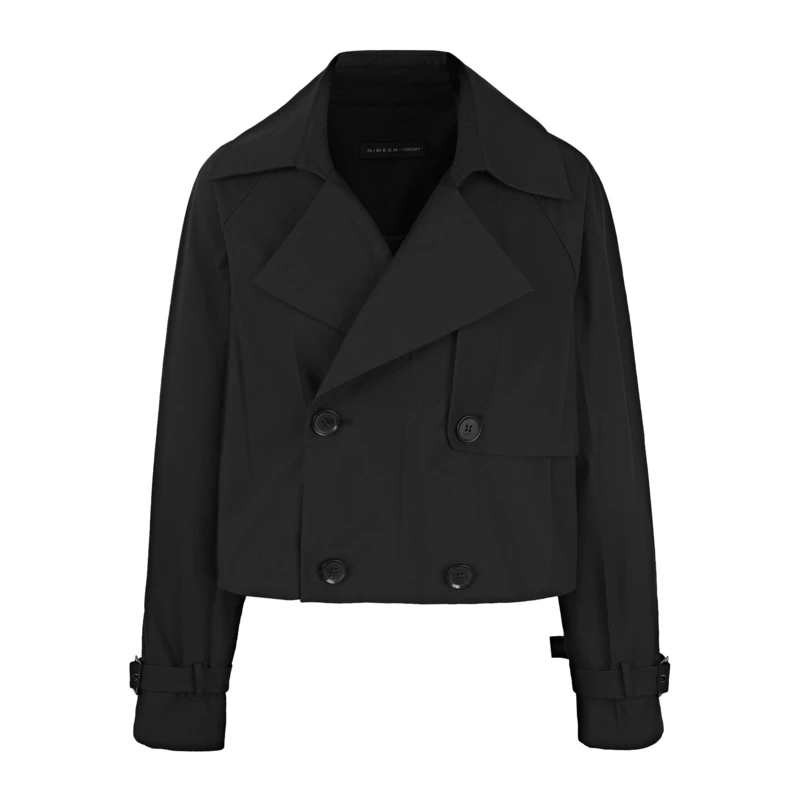 圣迪奥春款纯色双排扣短款黑色夹克设计感外套S21382214