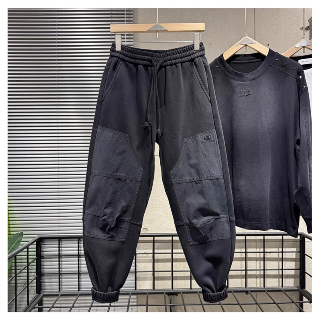 高品质秋冬新款休闲卫裤男宽松复古水洗束脚裤潮流拼接运动哈伦裤