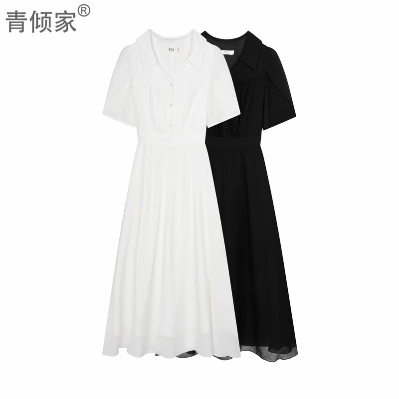 青倾家【婀娜多姿】夏季高级感高端精致短袖收腰显瘦中长款连衣裙