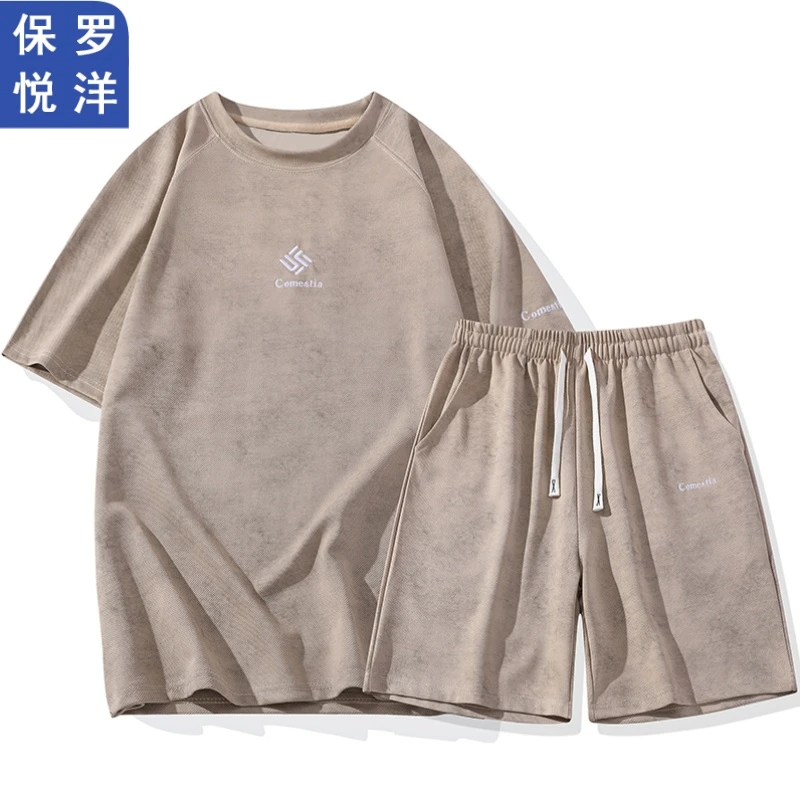 保罗悦洋夏季新款扎染工艺男士ins休闲运动套装国潮短袖五分短裤