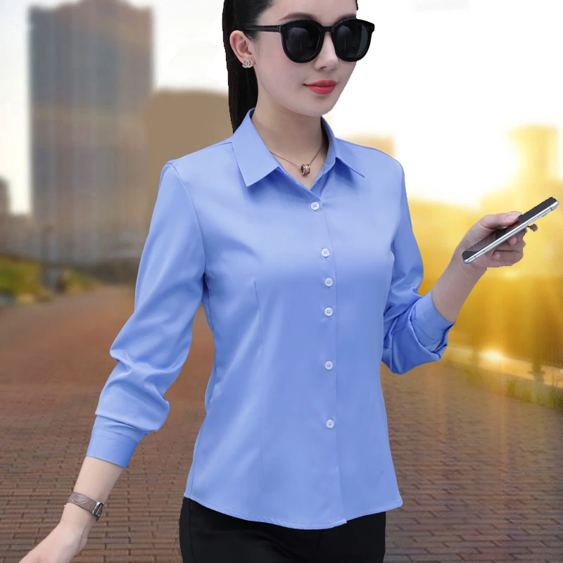 免烫蓝色衬衫女长袖春季新款气质修身工装正装工作服面试职业衬衣