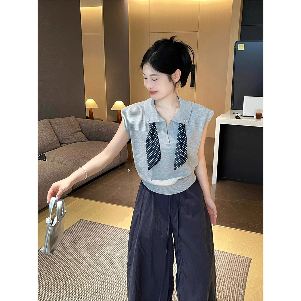 法式百搭灰色冰丝针织正肩短袖T恤女夏季POLO衫独特漂亮短款上衣