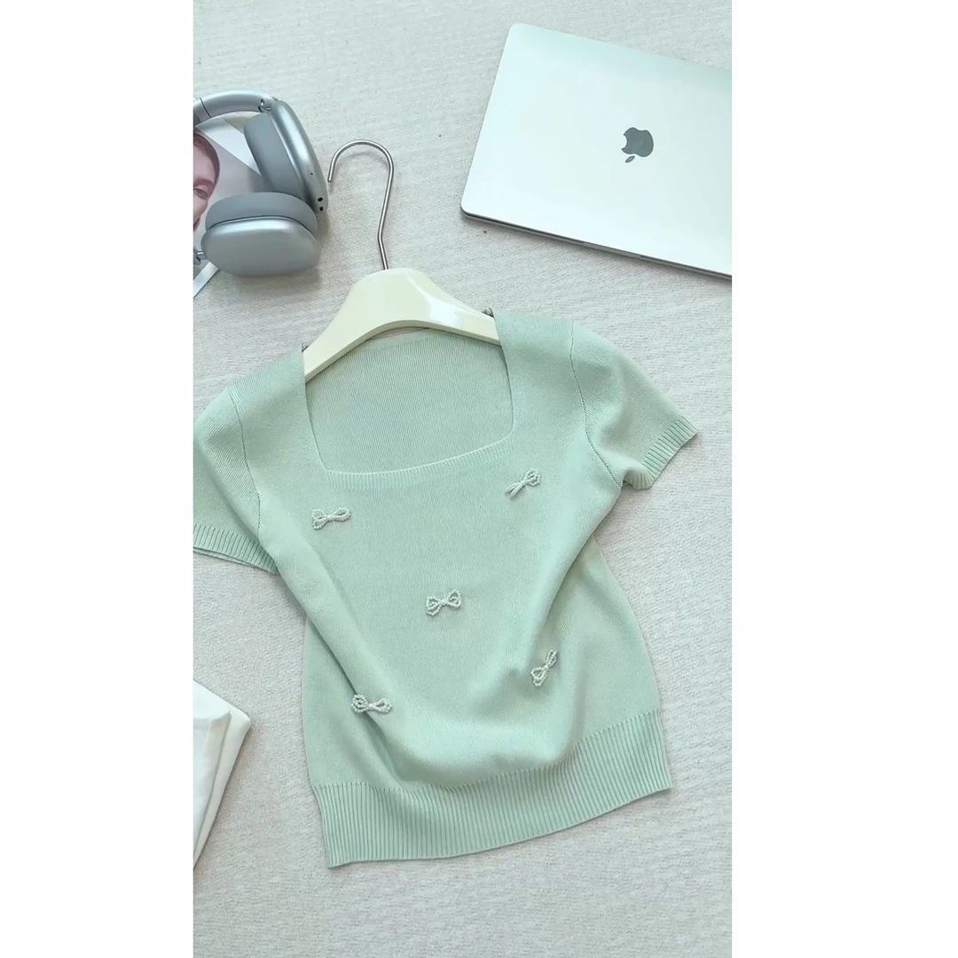 2025夏季新款法式设计感蝴蝶结针织衫女百搭显瘦方领短袖上衣