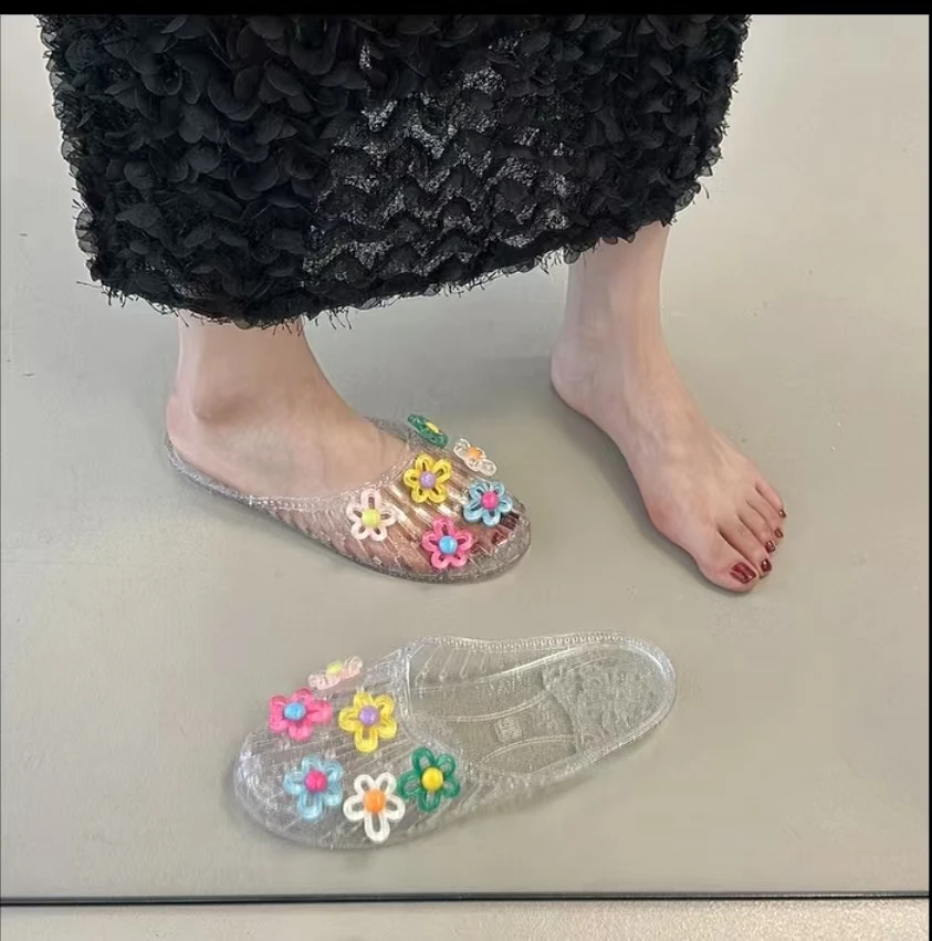 韩版果冻鞋水晶半拖鞋镂空单鞋女夏外穿包头透明凉鞋可湿水凉拖鞋