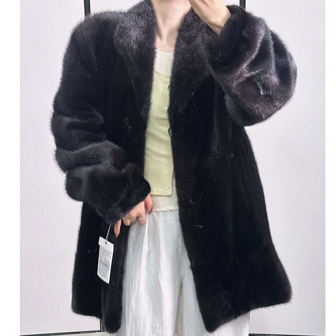 B141,L,黑色逆毛可立可翻领收口袖水貂外套