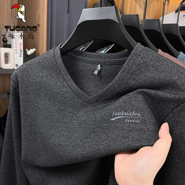 啄木鸟春秋百搭休闲纯色体恤男士新款中年T恤打底衫潮流时尚上衣