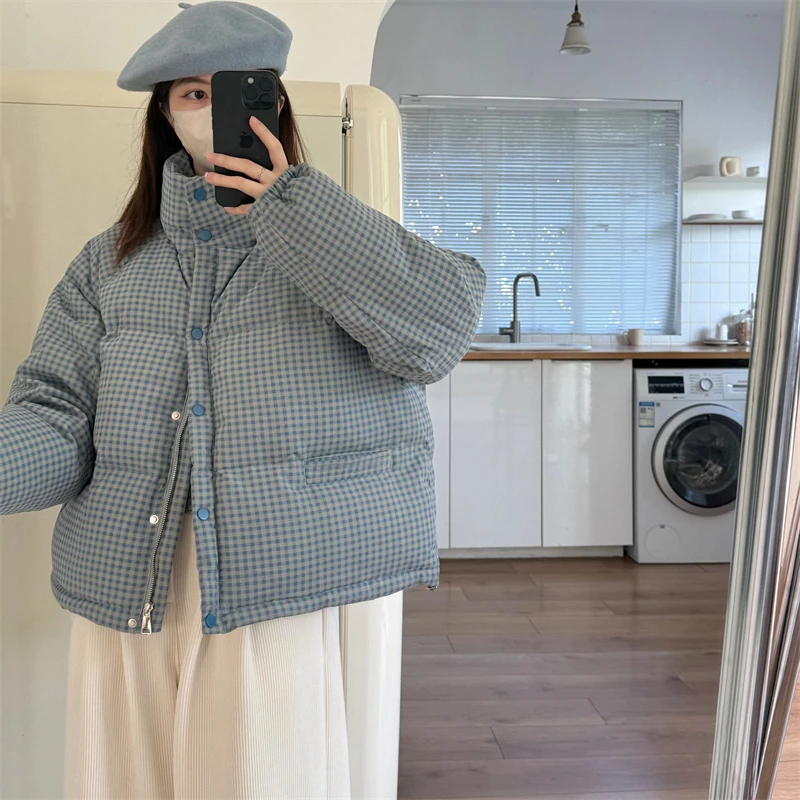 2025冬新款小个子常规款格子立领白鸭绒加厚韩版外套女羽绒服短款