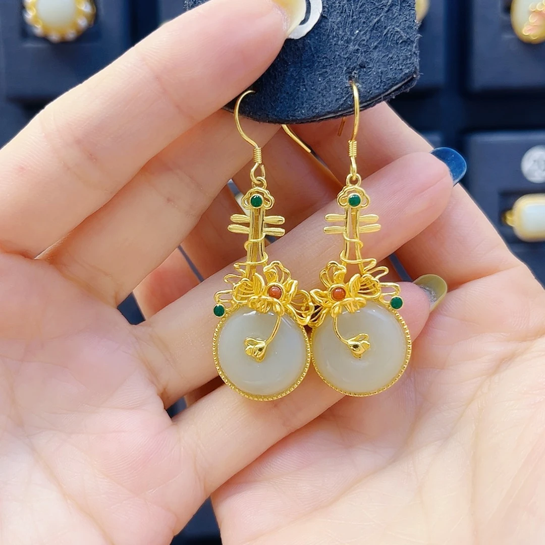 和田玉银S925镀金镶嵌耳饰