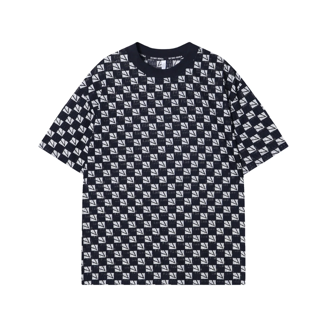 夏季新款时尚黑白棋格印花男士短袖潮流宽松休闲上衣小众复古T恤