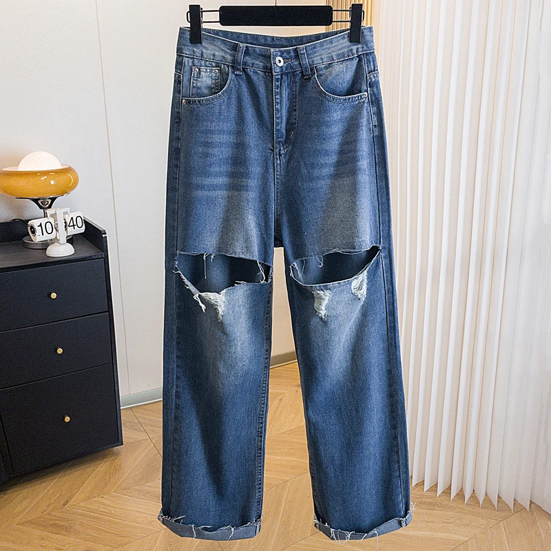夏季爆款复古潮流港风高腰百搭显瘦洋气双破洞窄版牛仔裤直筒长裤