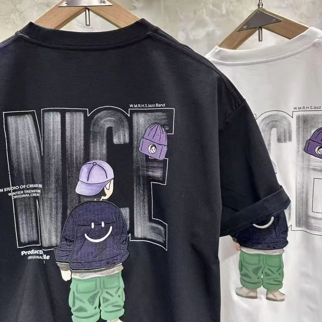 圆领字母人物休闲情侣夏季T恤牛仔半袖夏款宽松韩版-4