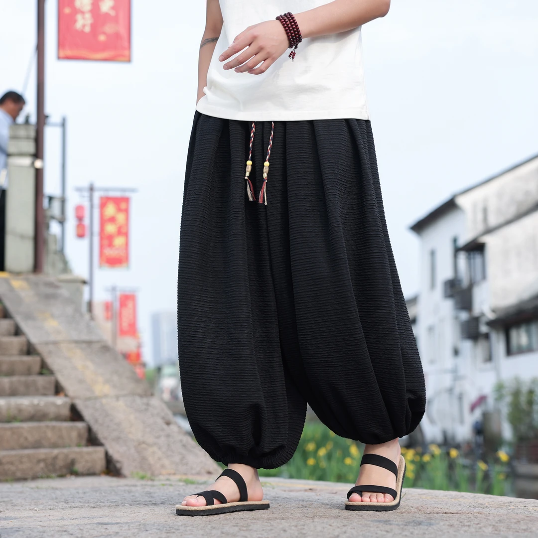 高级肌理感垂感冰丝裤男中国风阔腿哈伦裤加大码宽松高级感灯笼裤