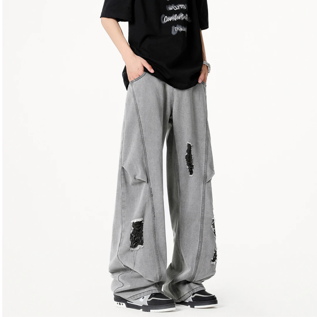 龙叨叨水洗破洞设计感弯刀牛仔裤男夏季美式高街vibe解构休闲长裤