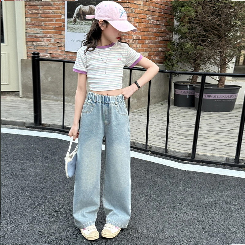 女童夏季短袖套装2025新款洋气大童夏装条纹T恤儿童牛仔裤两件套