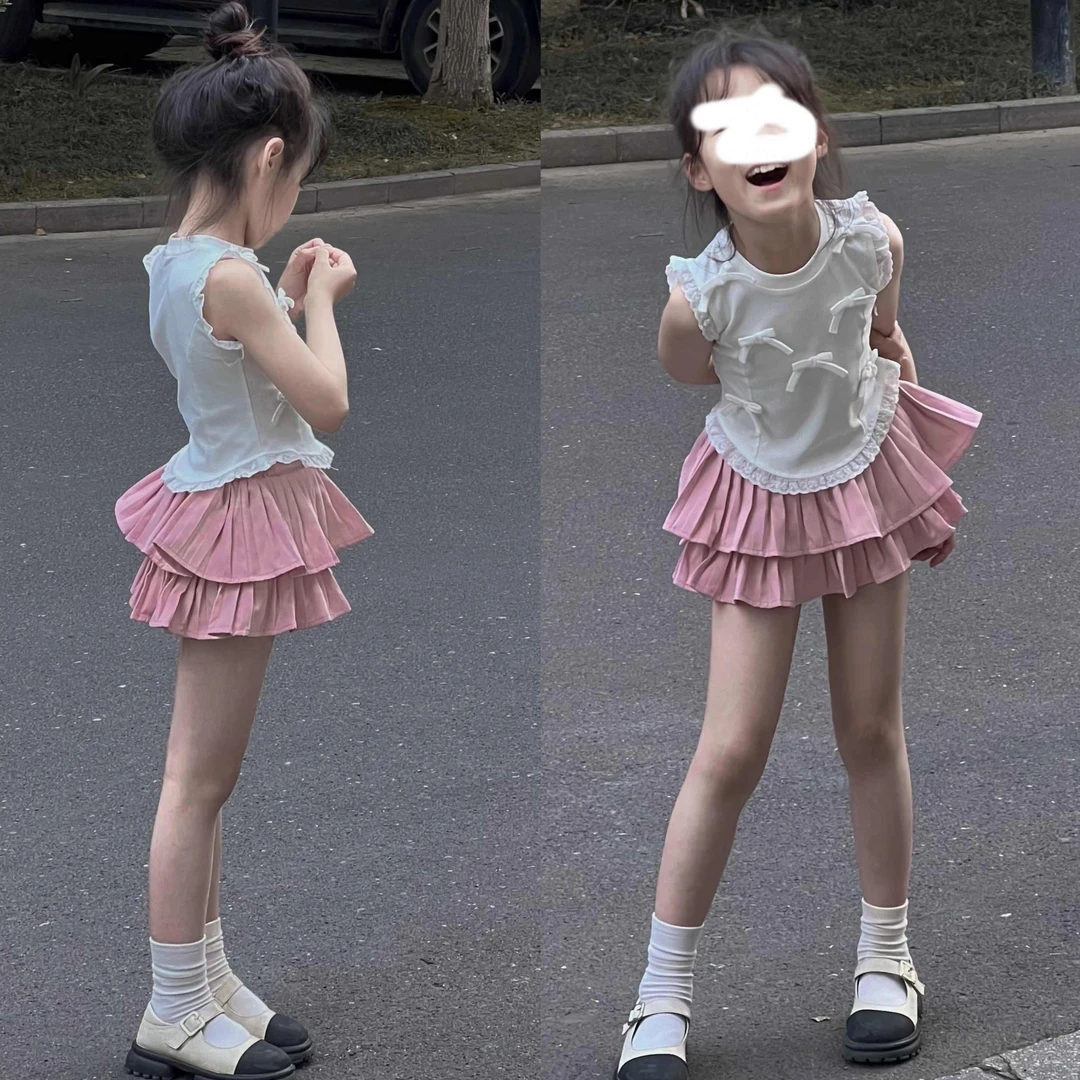 童装套装小女孩夏款洋气蝴蝶结背心套装女童蓬蓬蛋糕裙粉色公主裙