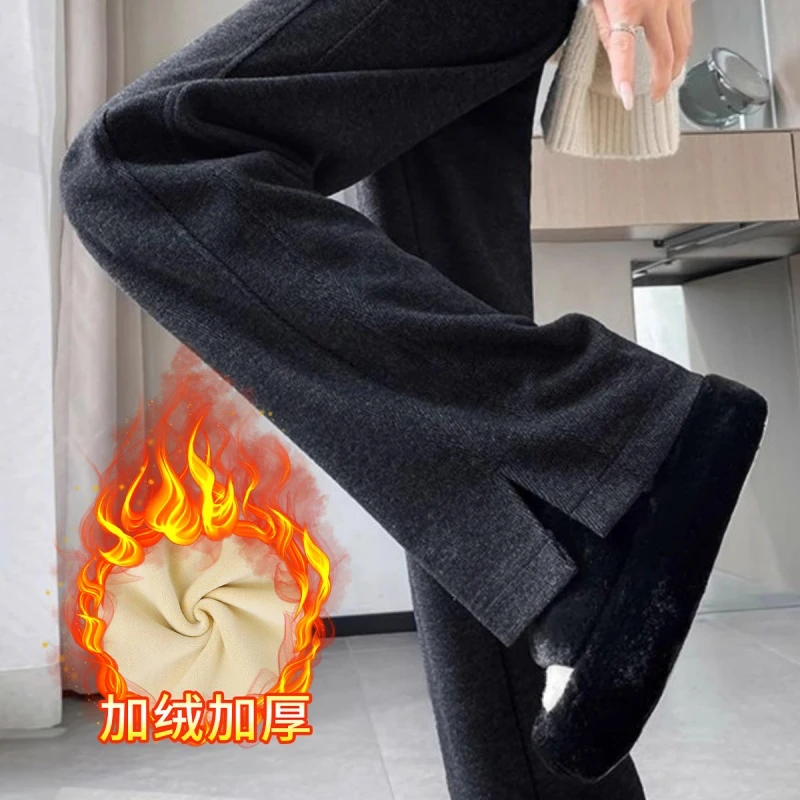 冬季2024新款人字纹加绒加厚休闲阔腿裤女保暖高腰显瘦开叉直筒裤
