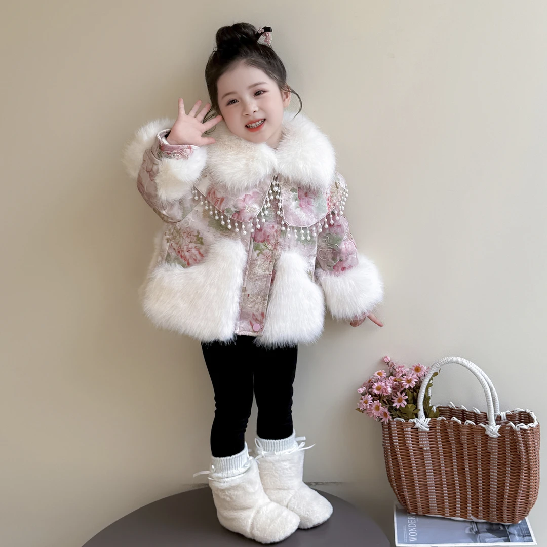 女童加绒仿皮草国风外套秋冬款2025新款儿童加厚上衣洋气女孩棉袄
