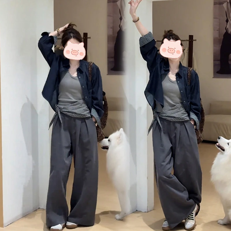 2025年秋季新款穿搭百搭设计上衣外套搭配宽松显瘦阔腿裤两件套女