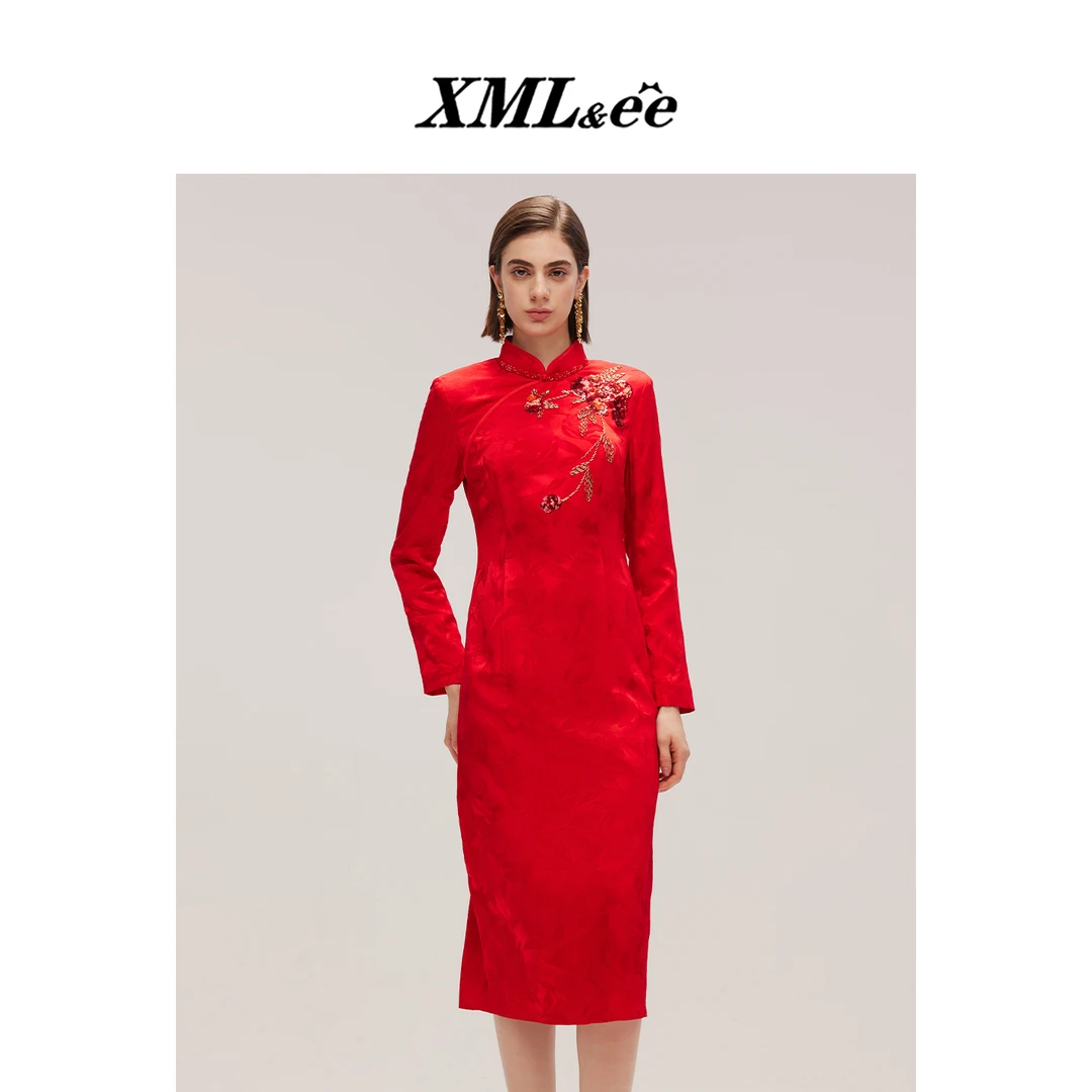 XMLee艾米尔 红色手工钉珠印花中式国风桑蚕丝连衣裙 X511L6209