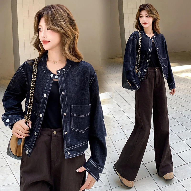 春秋简约短外套女2025秋季新款韩版宽松洋气短款圆领牛仔夹克通勤