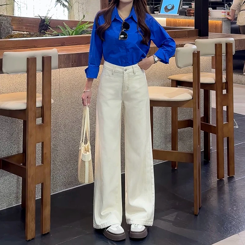 美思源米白色阔腿牛仔裤女款秋季新款高腰窄版裤子显瘦直筒长裤