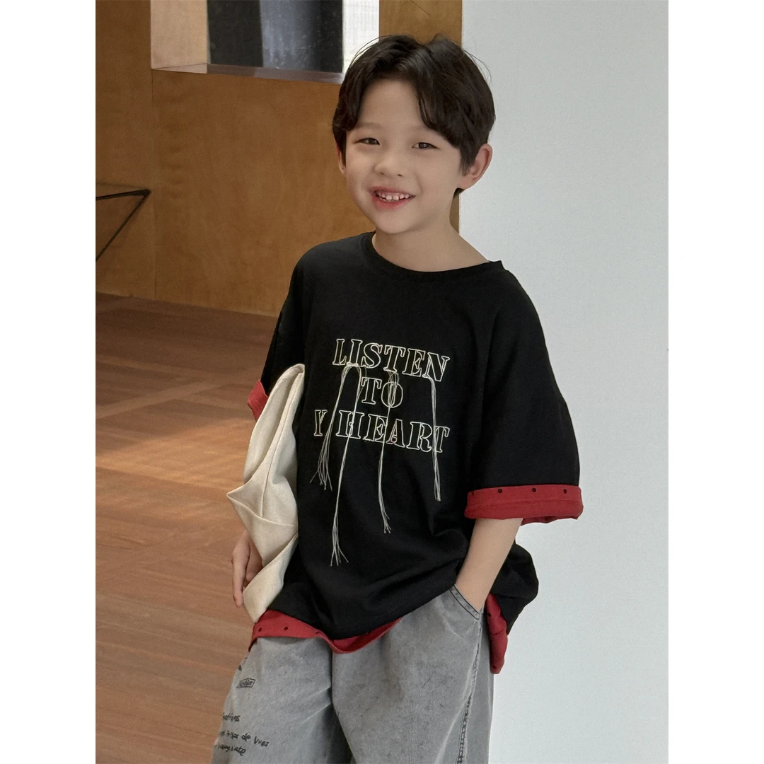 in 爱：nl25夏季男童T恤韩版儿童流苏绣花短袖纯棉百搭半袖90761