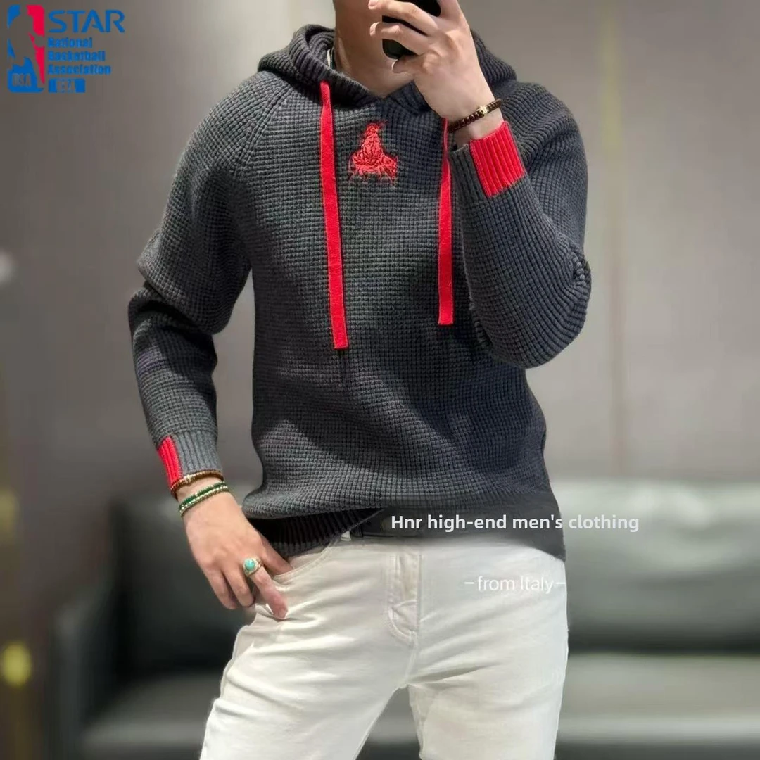 奥特莱斯春秋男带帽针织衫，时尚纯色休闲提花多功能男时尚运动衫