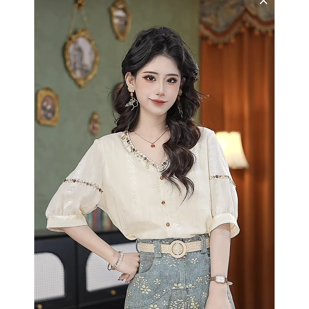 张嘉圆 【洛莫拉】夏季新款复古洋气小众百搭高级气质衬衫#4096