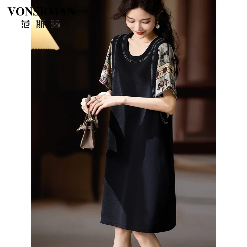 气质印花拼接连衣裙女夏季新款大码裙子2025年欧洲站宽松女装