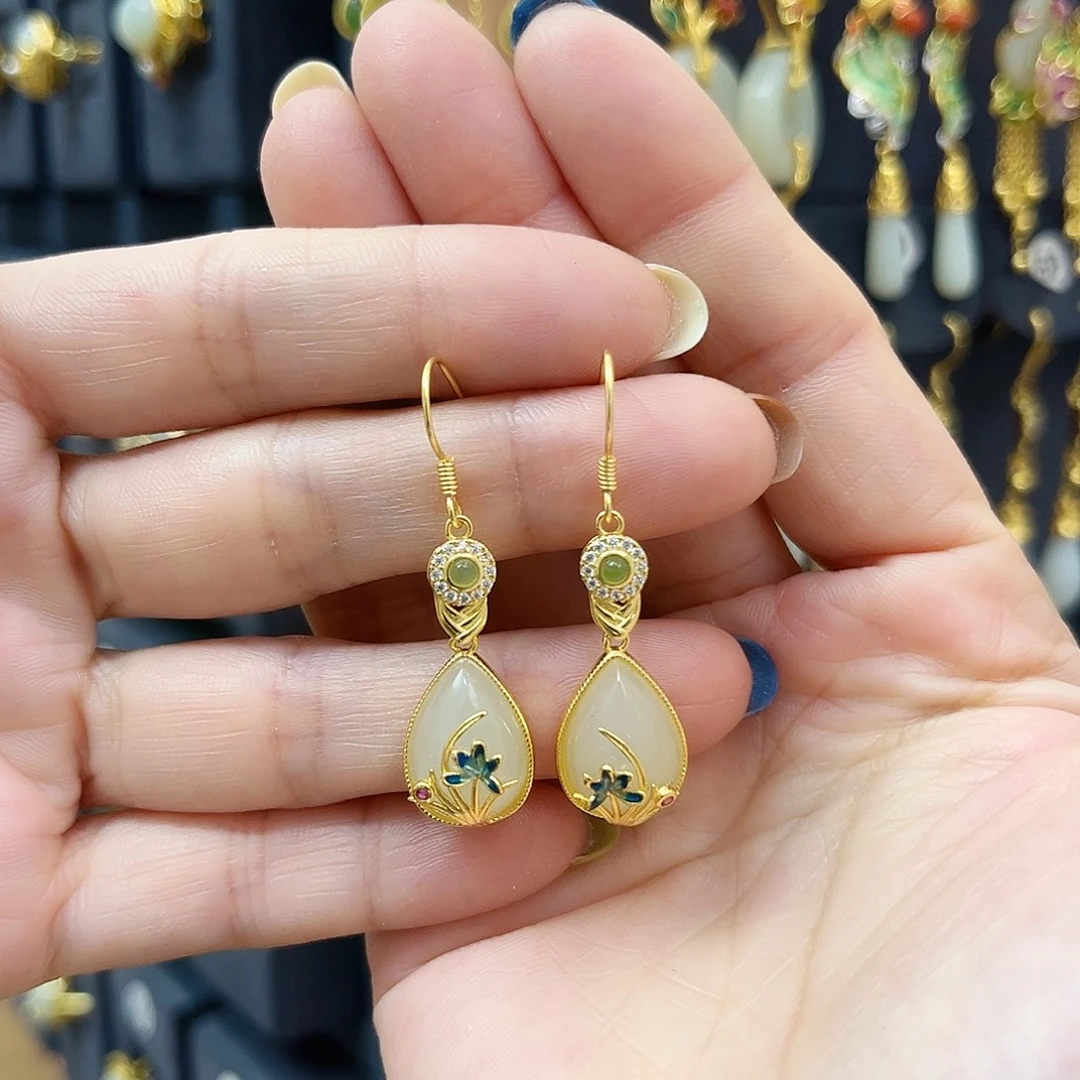 和田玉银S925镀金镶嵌耳饰