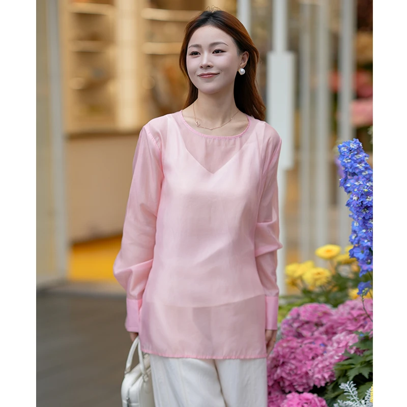 新中式轻薄微透纯色上衣女设计感2025夏季外穿T百搭防晒衬衣休闲