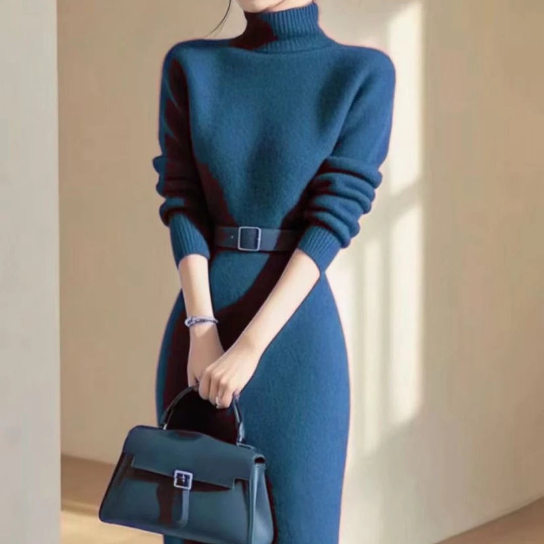 现货发SS526富家千金高级感穿搭长裙赫本风湖蓝色连衣裙秋冬女