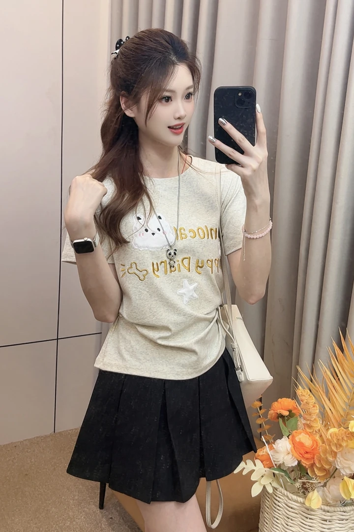 【感猫咪字母刺绣】韩系中版设计短袖夏季宽松T恤休闲宽松上衣