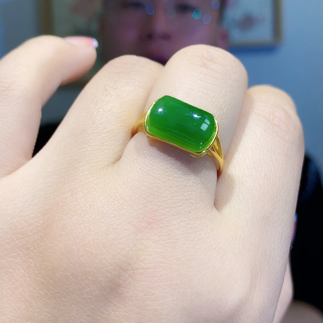 和田玉（碧玉）戒指银S925镀金镶嵌