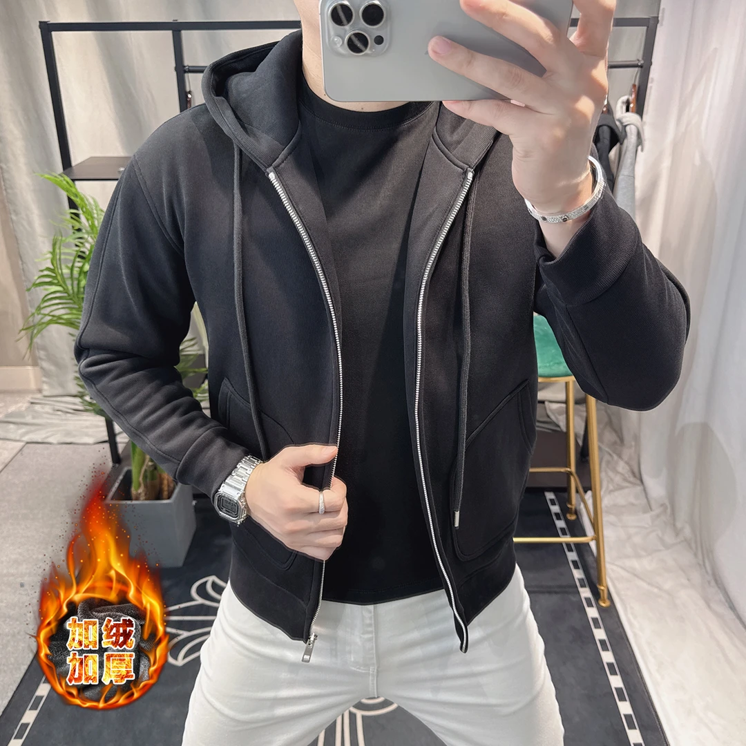 欧洲站2025冬季男士连帽开衫卫衣休闲潮流拉链上衣加绒加厚外套男