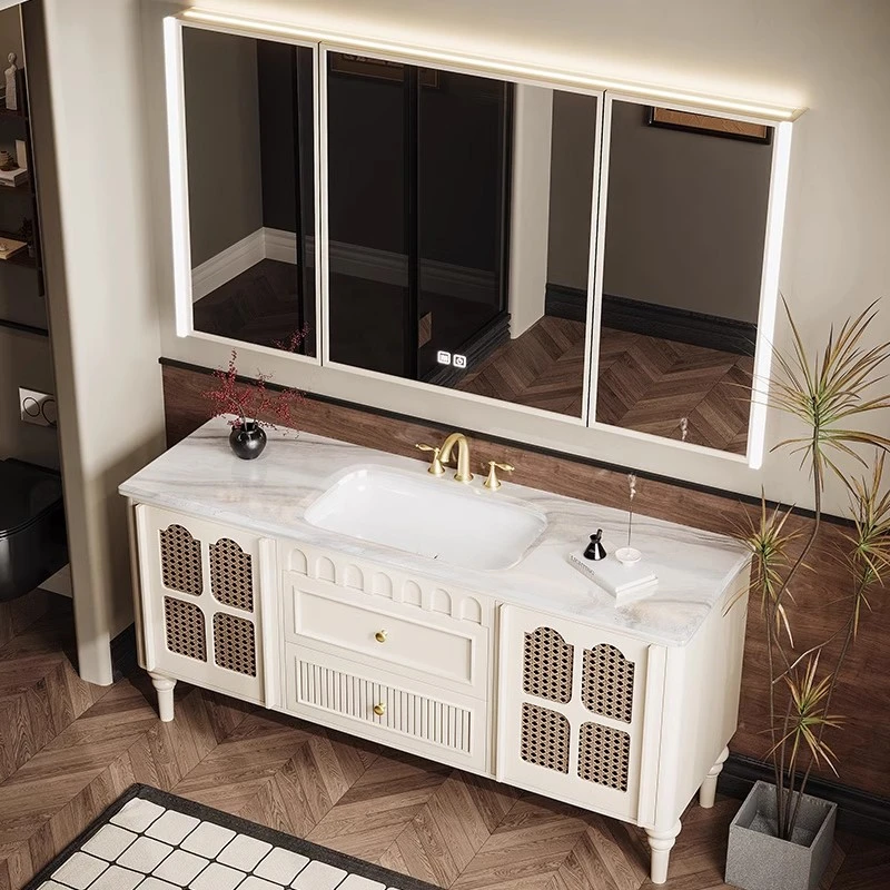 法式复古橡木浴室柜组合奶油风卫生间奢石洗漱台落地式洗手脸盆柜