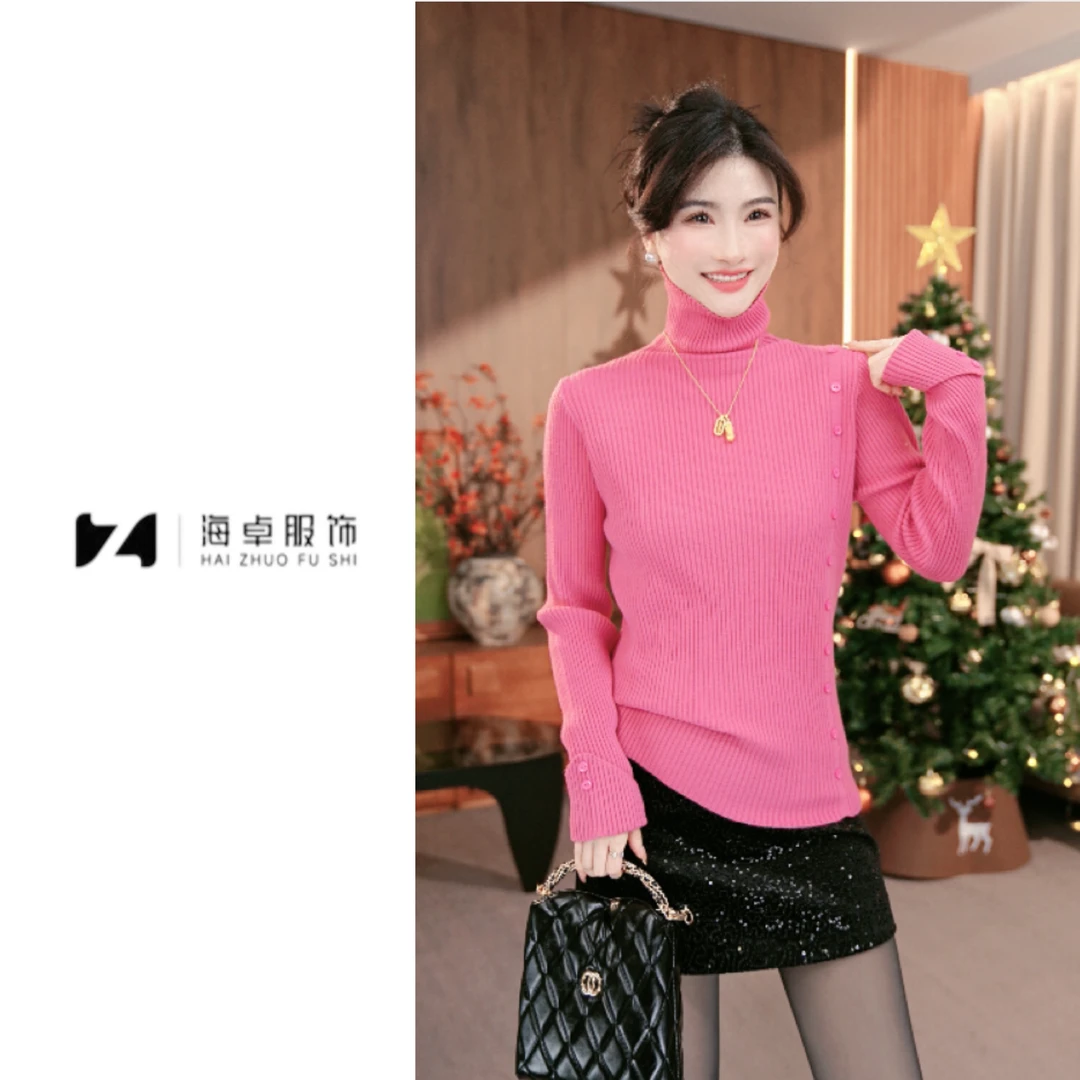 海卓～新款侧边一排扣高领坑条翻袖设计纯色针织衫毛衣女7101