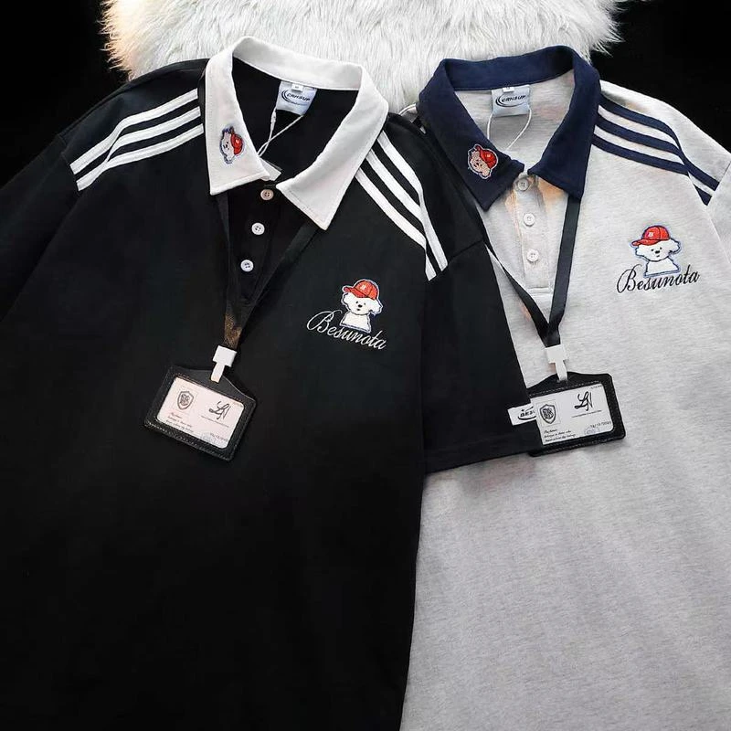 美式条纹polo领小狗短袖t恤男女2025夏宽松学院风半袖情侣上衣潮