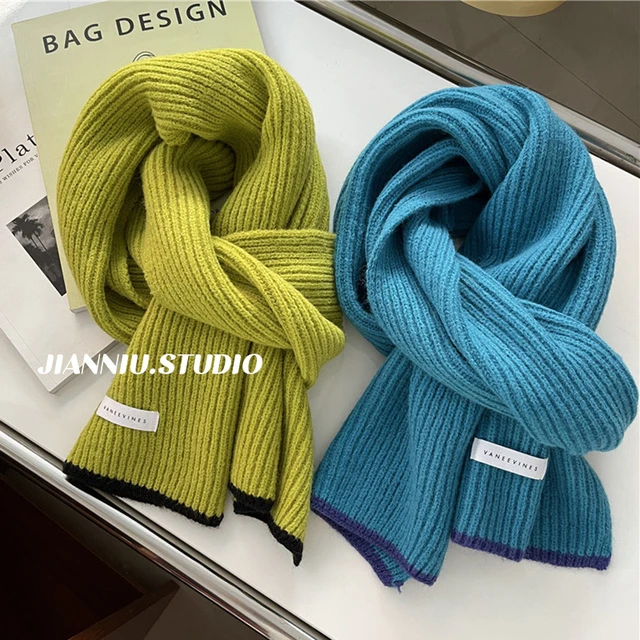 牛油果绿加厚小围巾女韩版秋冬季针织保暖学生情侣色毛线围脖潮