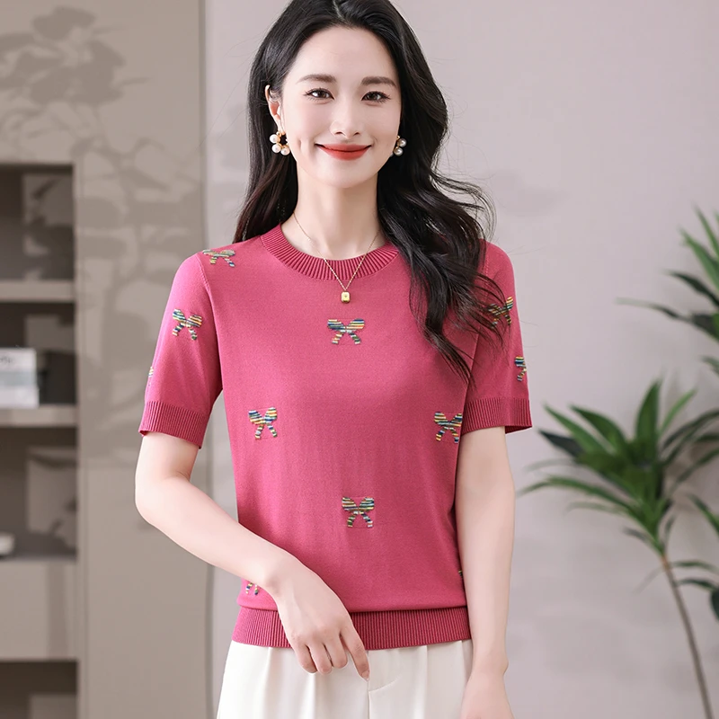 天丝 2025夏季新款莱赛尔短袖女刺绣圆领时尚显瘦清凉百搭针织衫