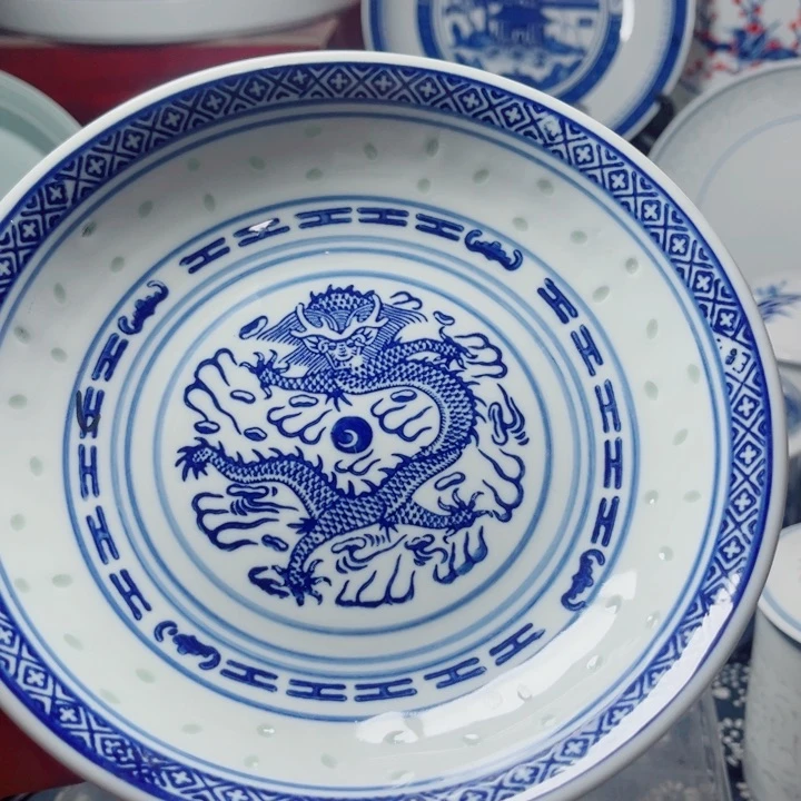 青花玲珑7寸窝盘龙纹