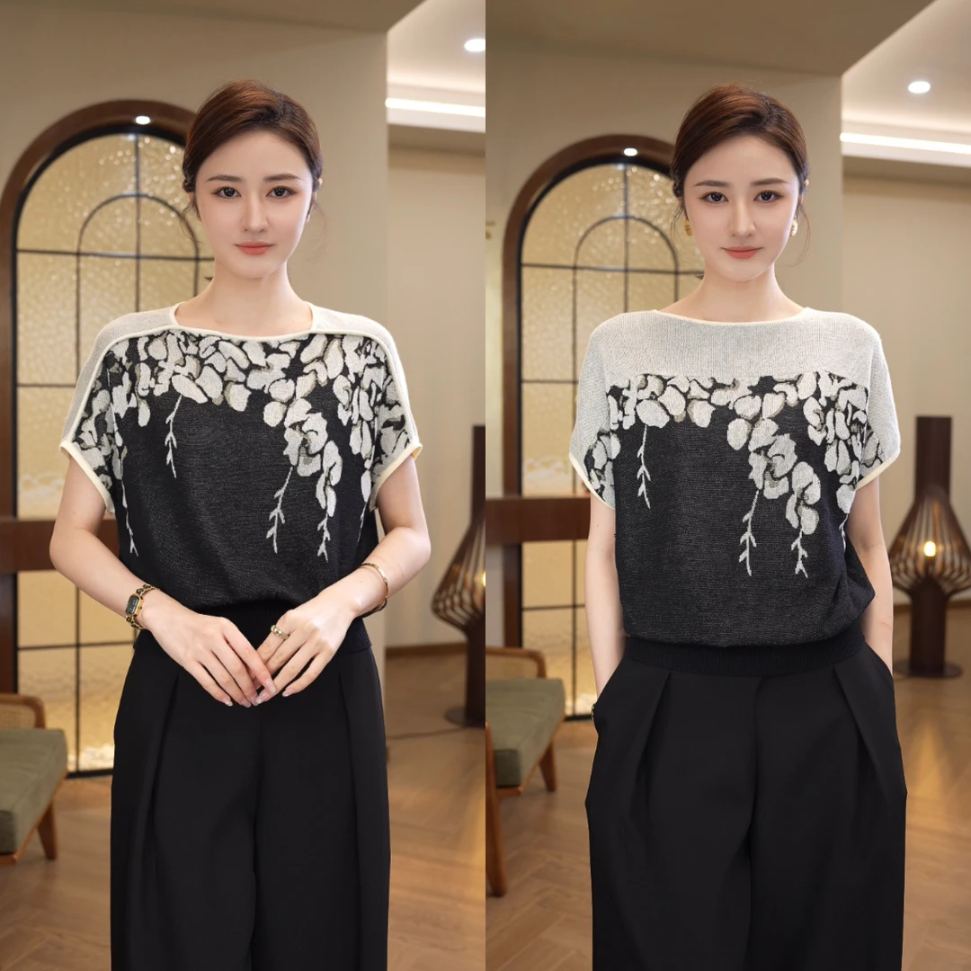 唐熹2025夏季新款【ZM-X899】天丝冰感透气轻奢黑色圆领针织小衫女