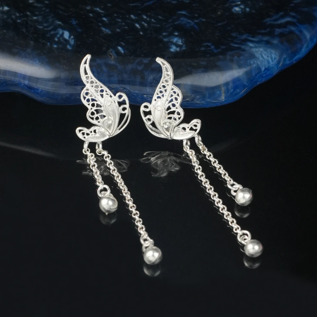 足银耳饰 【蝶舞花丝流苏耳钉】黔喜银饰气质百搭长款精美足银